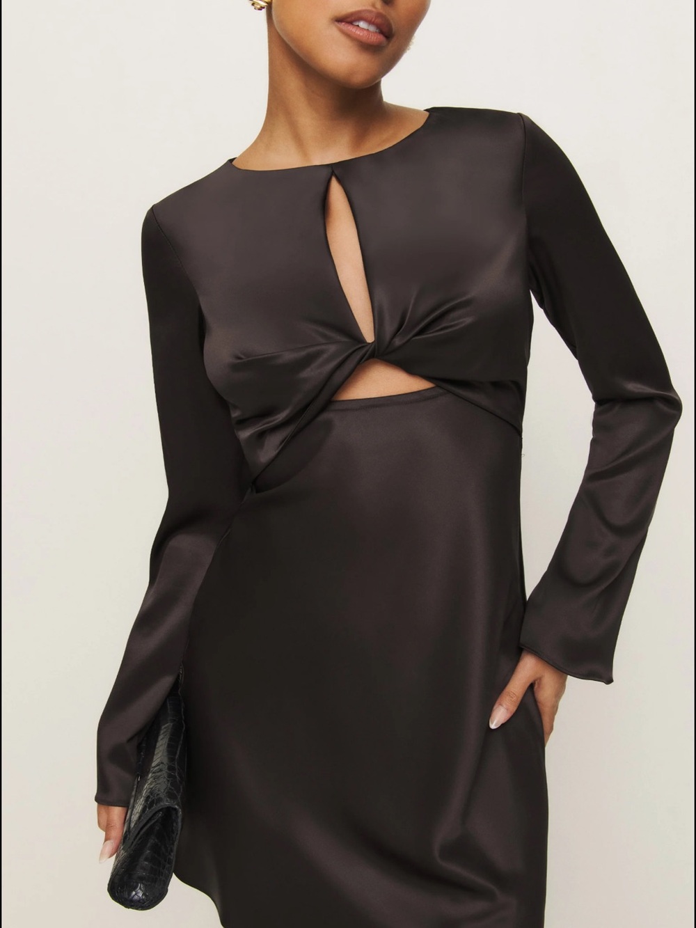 Reformation Black Satin Mini Dress with Twist Cutout